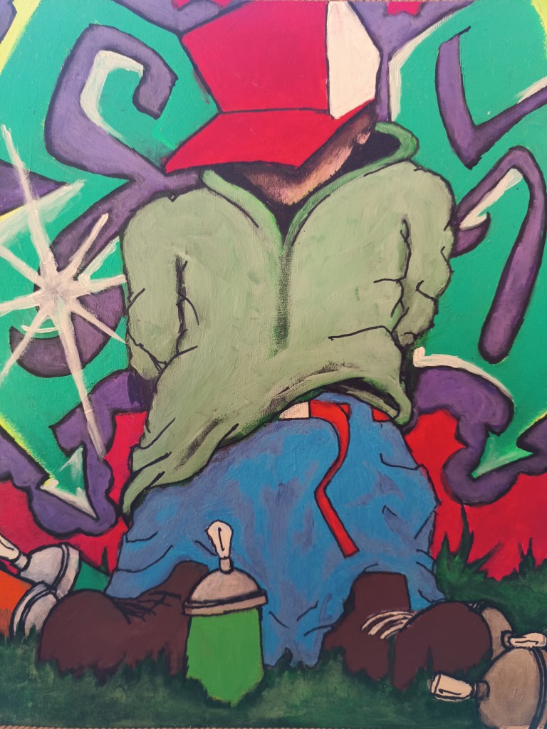 Colorful artwork of a figure in a red cap, green jacket, and blue trousers surrounded by purple forms and spray cans.