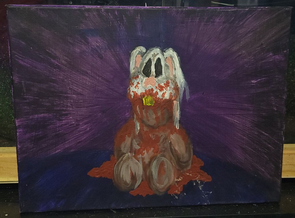 Rabbit-like figure with hollow dark eyes against a purple background with radiating brush strokes.