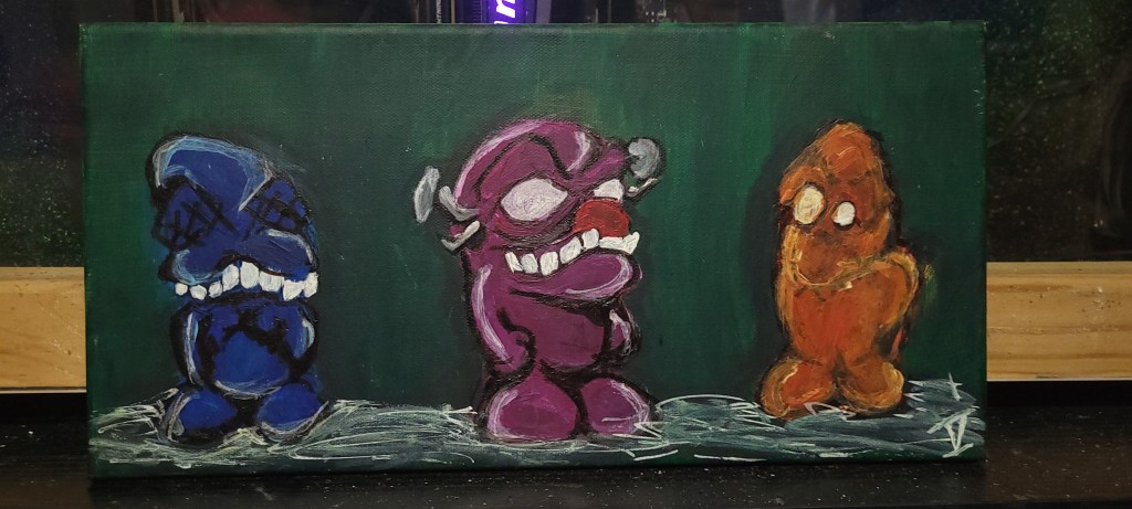 Three stylized blue, purple, and orange figures on a green background.